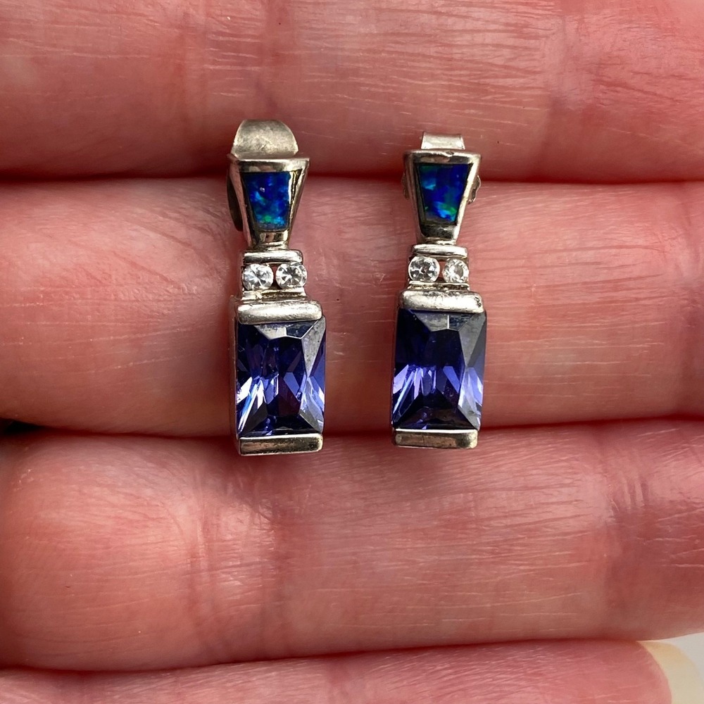 925 Sterling Silver Earrings Blue Sapphire Or Tanzanite Or Glass Opal Inlay Drop